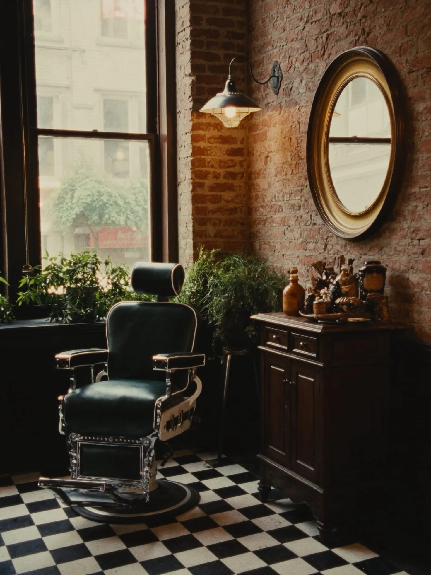 De vintage barbierstoel van The Gentleman's Chair bij het raam, op de geblokte tegelvloer van het atelier