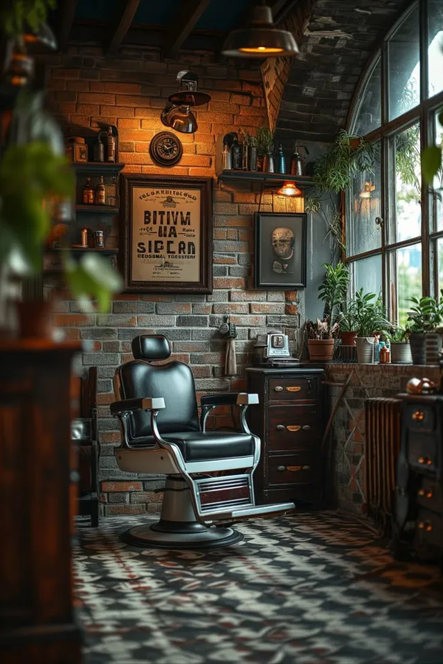 De vintage barbierstoel van The Gentleman's Chair, in het atelier met bakstenen muur